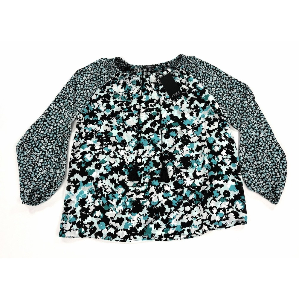Jones New York Blouse Women's L Teal Black Floral Peasant Top Tassels New $79